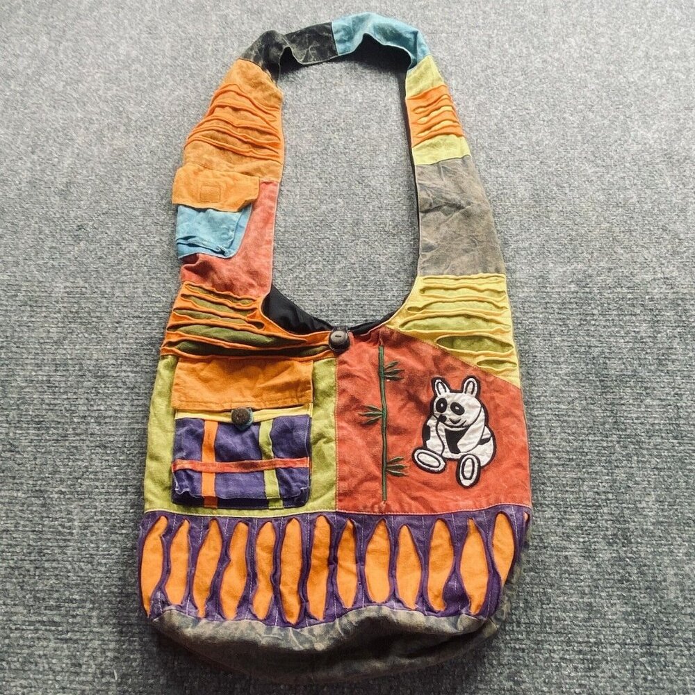Vintage Handmade Boho Sling Bag Crossbody Panda Patch Festival‎ Hippie Nepal